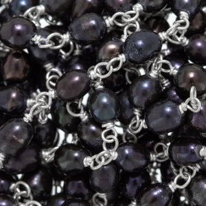 Brass Silver Plated 3.0mm by 5.0mm Width / Length Natural Fresh Water Black Potato Pearl Chain. Price per: 1 Inch.