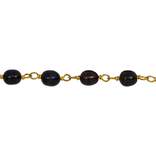 Chain by Foot. Brass Gold Plated 3.45mm Width by 4.19mm Length Natural Peacock Pearl, Pearl Chain. Price per: 1 Inch.