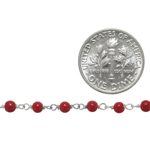 Brass Silver Plated 3.0mm Natural Coral Gem Stone Chain. Price per: 1 Inch.