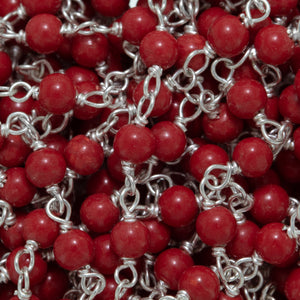 Brass Silver Plated 3.0mm Natural Coral Gem Stone Chain. Price per: 1 Inch.