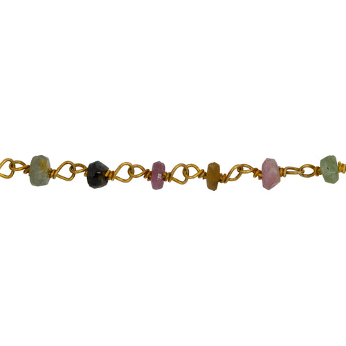 Chain by Foot. Brass Gold Plated 3.25mm Width by 1.90mm Length Natural Hand Cut Watermelon Tourmaline Stone, Gem Stone Chain. Price per: 1 Inch.