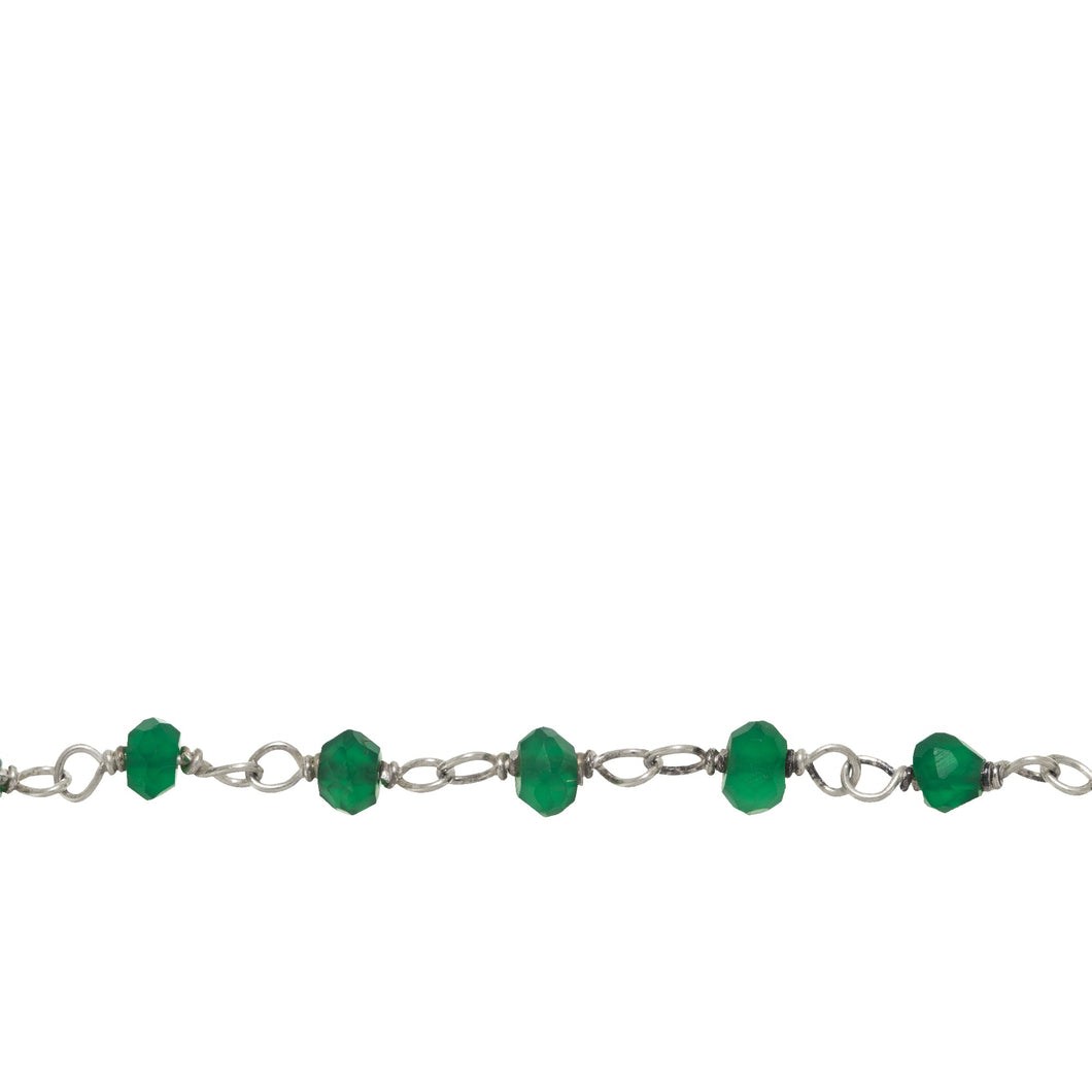 Chain by Foot. Brass Silver Plated 3.0mm Width / Length Natural Hand Cut Green Onyx Gem Stone Chain. Price per: 1 Inch.