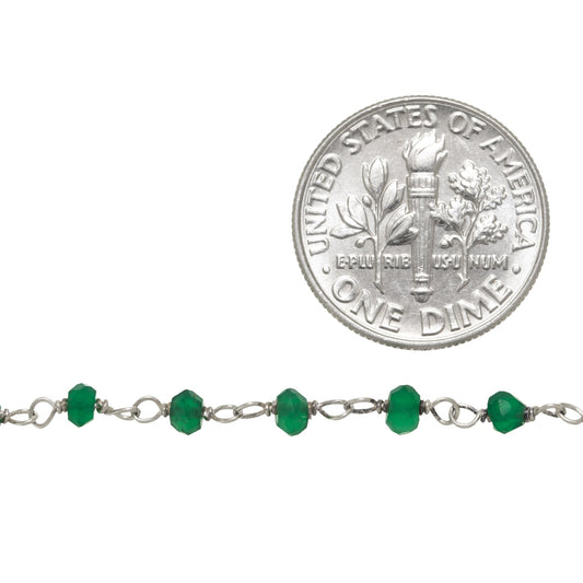 Brass Silver Plated 3.0mm Width / Length Natural Hand Cut Green Onyx Gem Stone Chain. Price per: 1 Inch.