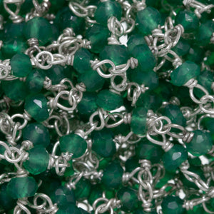 Brass Silver Plated 3.0mm Width / Length Natural Hand Cut Green Onyx Gem Stone Chain. Price per: 1 Inch.