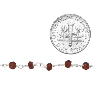 Brass Silver Plated 3.0mm to 4.0mm Width / Length Garnet Gem Stone Chain. Price per: 1 Inch.