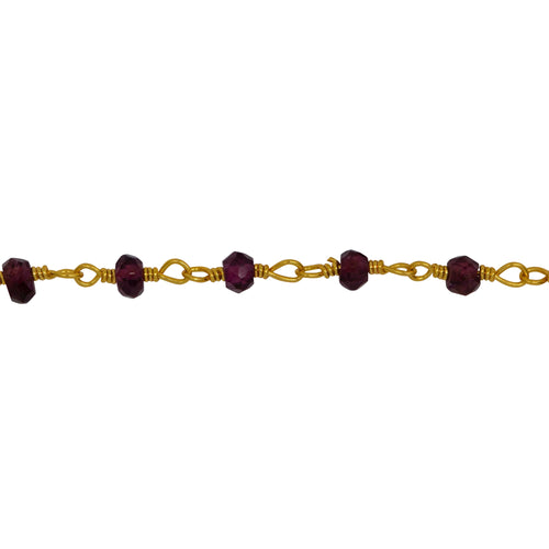 Chain by Foot. Brass Gold Plated / Vermeil 3.0mm to 4.0mm Width / Length Garnet Gem Stone Chain. Price per: 1 Inch.