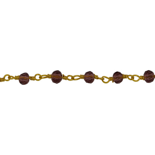 Chain by Foot. Brass Gold Plated / Vermeil 3.0mm to 4.0mm Width / Length Natural Hand Cut Garnet Shade Crystal, Gem Stone Chain. Price per: 1 Inch.