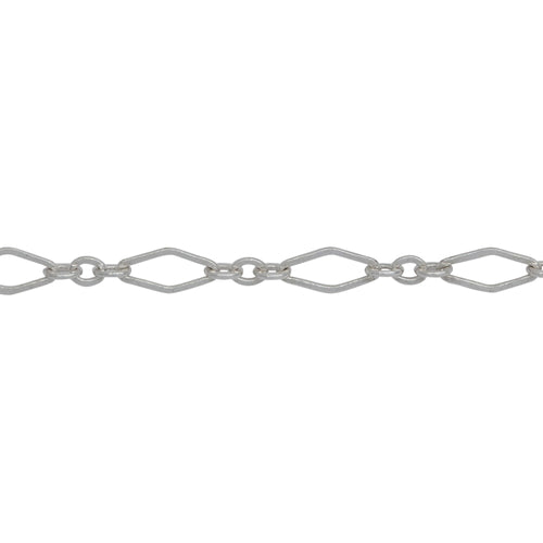 Chain by Foot. Sterling Silver 3.2mm Width by 6.8mm Length Flat Elongated Diamond Link Followed by Three of 2.1mm Width by 2.6mm Length Small Oval Links, Long and Short Chain. Price per: 1 Foot.