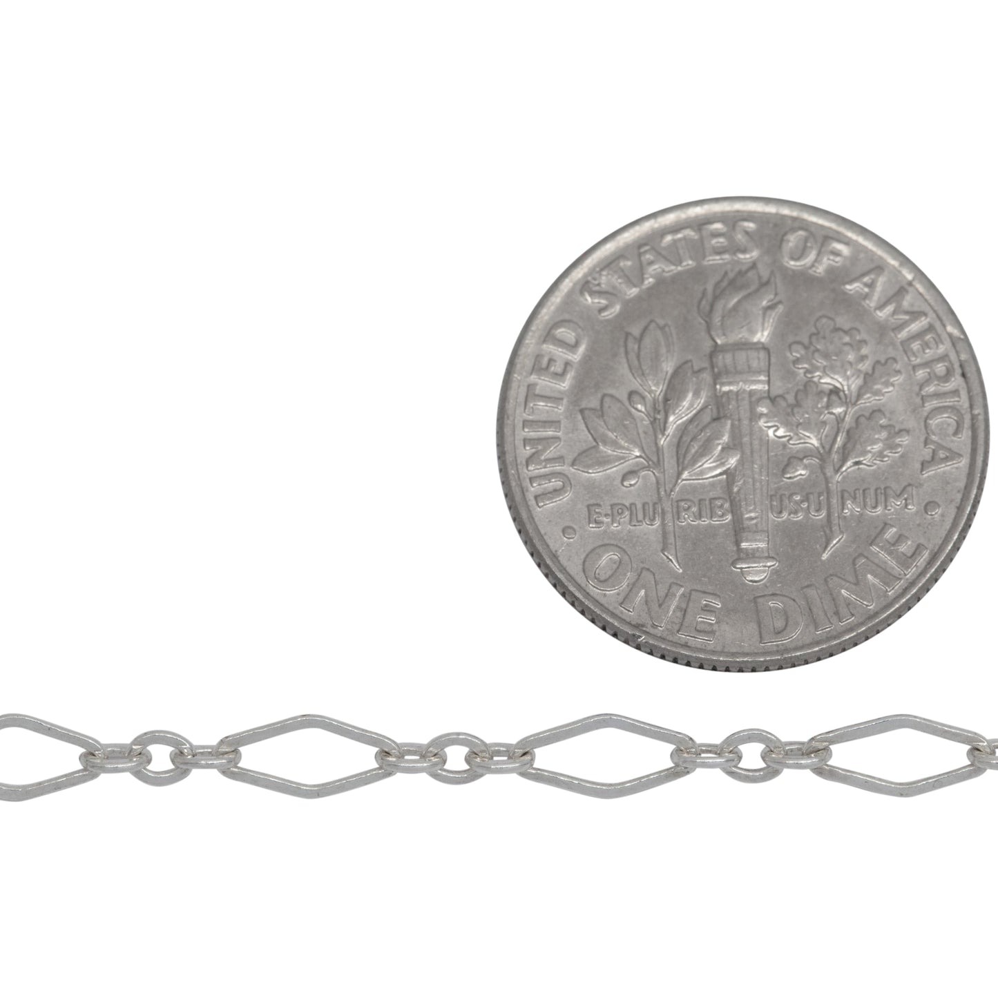 Sterling Silver 3.2mm Width by 6.8mm Length Flat Elongated Diamond Link Followed by Three of 2.1mm Width by 2.6mm Length Small Oval Links, Long and Short Chain. Price per: 1 Foot.