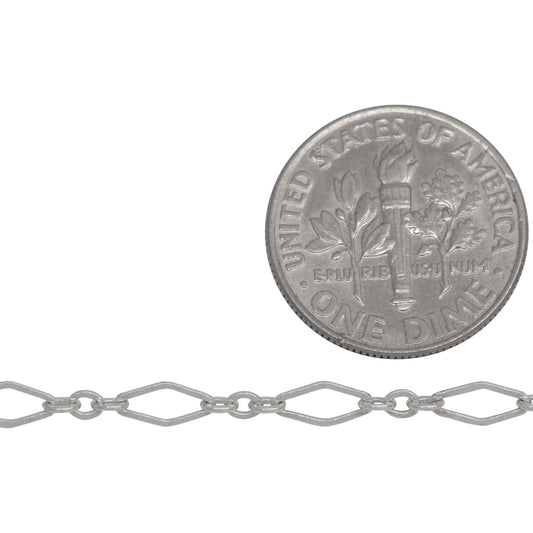 Sterling Silver 3.2mm Width by 6.8mm Length Flat Elongated Diamond Link Followed by Three of 2.1mm Width by 2.6mm Length Small Oval Links, Long and Short Chain. Price per: 1 Foot.