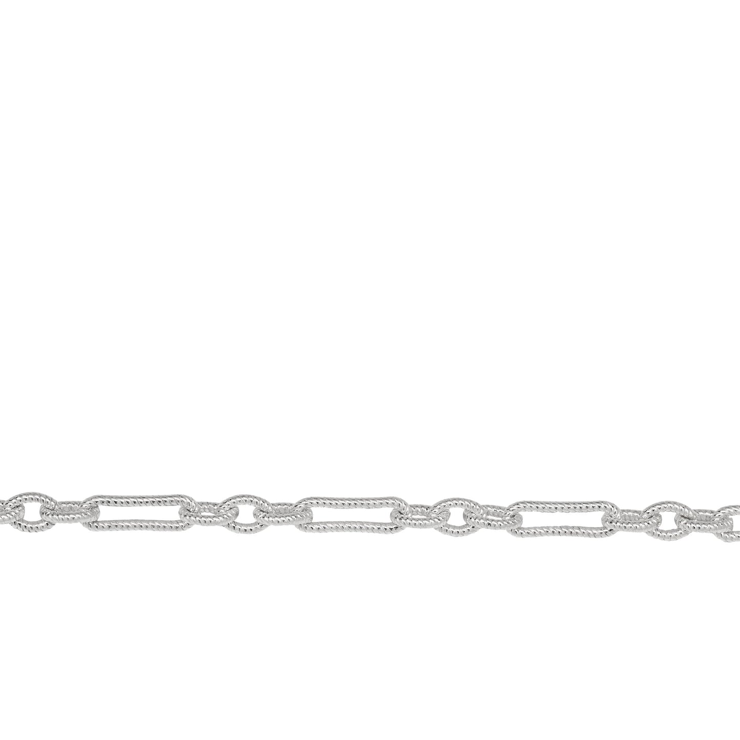 Chain by Foot. Sterling Silver 3.2mm Width by 10.0mm Length Twisted Elongated Oval Link Followed by 3.7mm Width by 4.9mm Length Three of Twisted Smaller Oval Links, Long and Short Chain. Price per: 1 Foot.