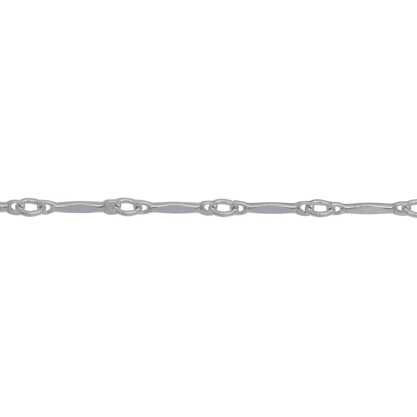 Chain by Foot. Sterling Silver 1.5mm Width by 9.5mm Length Dapped Bar Connected to 2.4mm Width by 2.9mm Length Closed Oval Link, Bar Chain. Price per: 1 Foot.