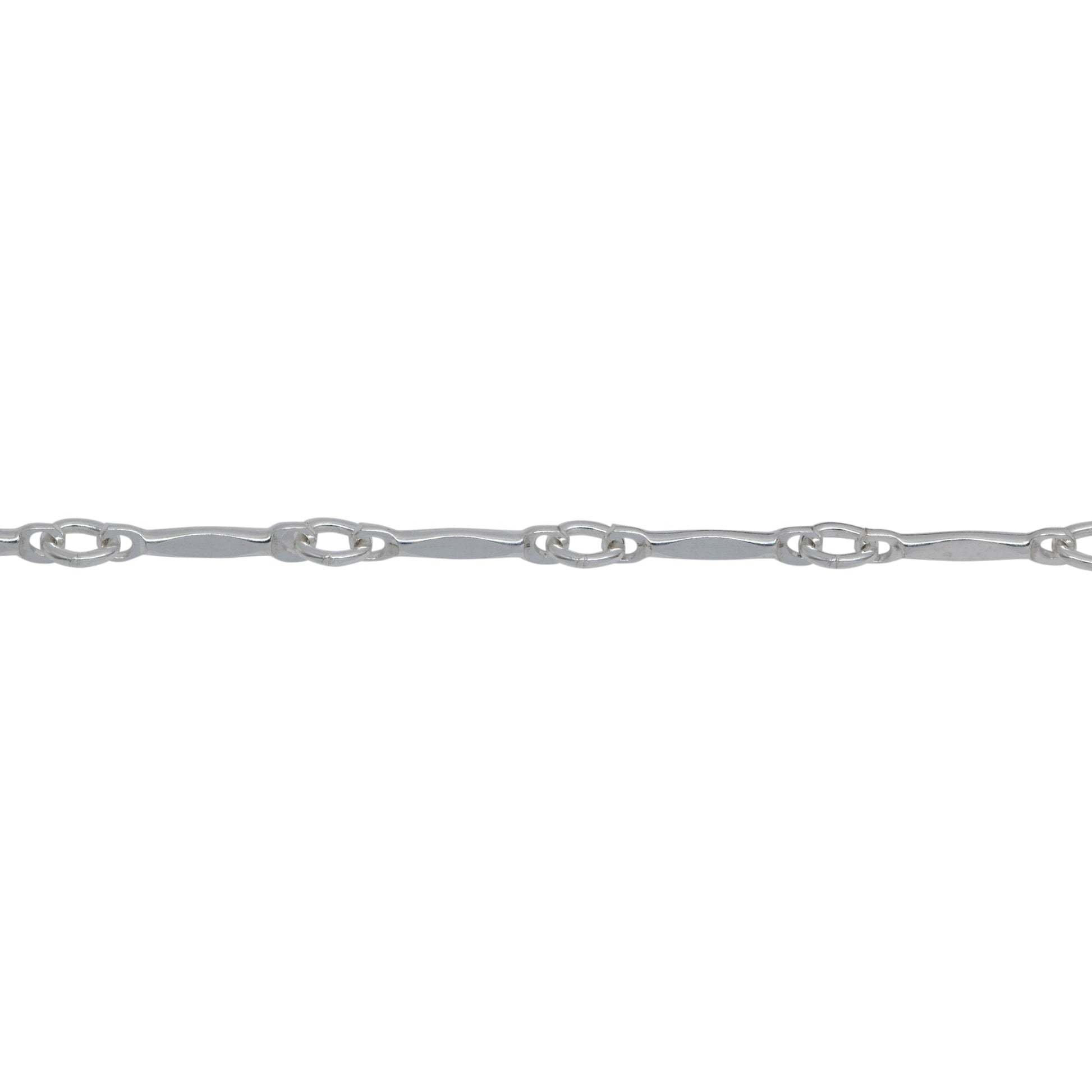 Chain by Foot. Sterling Silver 1.5mm Width by 9.5mm Length Dapped Bar Connected to 2.4mm Width by 2.9mm Length Closed Oval Link, Bar Chain. Price per: 1 Foot.