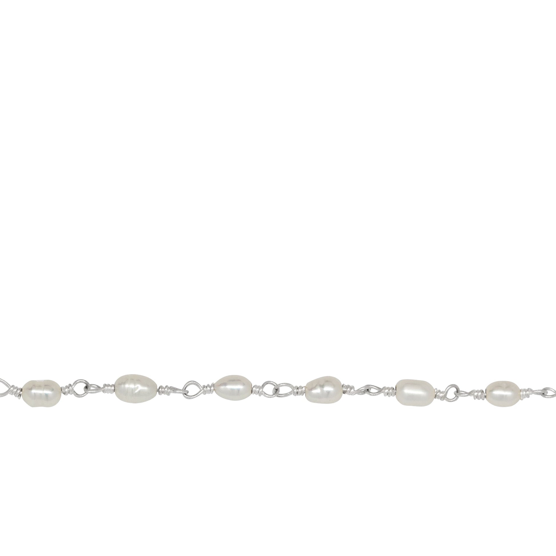 Chain by Foot. Brass Silver Plated 3.0mm Width by 5.0mm Length Fresh Water White Rice Pearl Chain. Price per: 1 Inch.