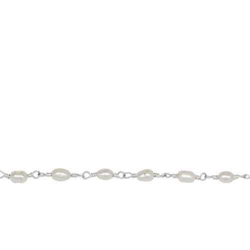 Chain by Foot. Brass Silver Plated 3.0mm Width by 5.0mm Length Fresh Water White Rice Pearl Chain. Price per: 1 Inch.