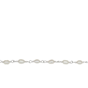 Chain by Foot. Brass Silver Plated 3.0mm Width by 5.0mm Length Fresh Water White Rice Pearl Chain. Price per: 1 Inch.