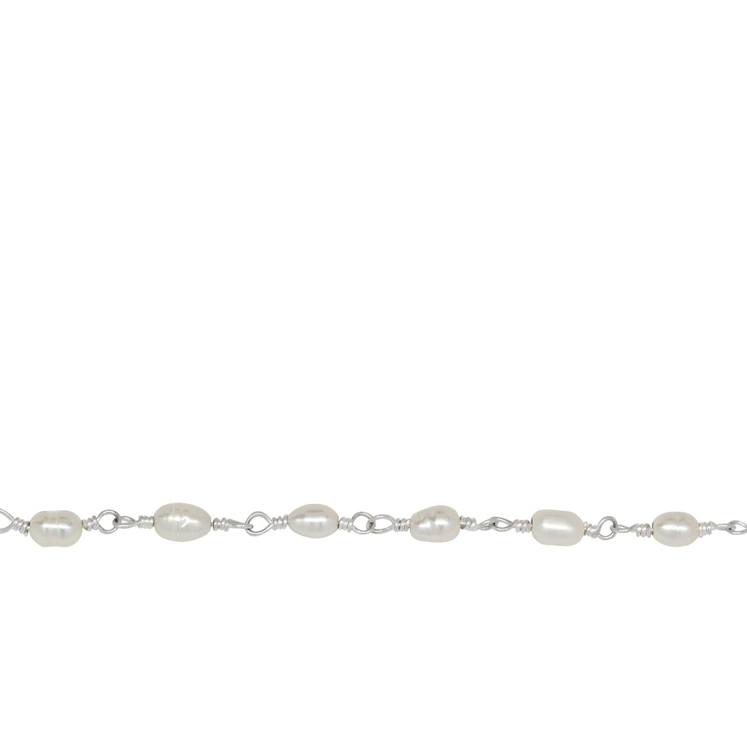 Chain by Foot. Brass Silver Plated 3.0mm Width by 5.0mm Length Fresh Water White Rice Pearl Chain. Price per: 1 Inch.