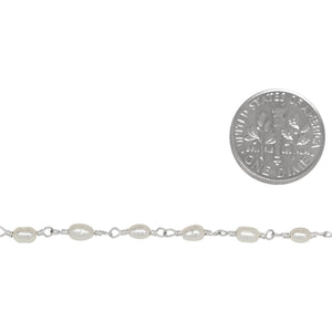 Brass Silver Plated 3.0mm Width by 5.0mm Length Fresh Water White Rice Pearl Chain. Price per: 1 Inch.