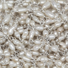 Load image into Gallery viewer, Brass Silver Plated 3.0mm Width by 5.0mm Length Fresh Water White Rice Pearl Chain. Price per: 1 Inch.
