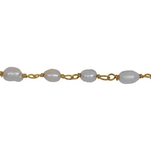 Chain by Foot. Brass Gold Plated / Vermeil 3.0mm Width by 5.0mm Length Fresh Water White Rice Pearl Chain. Price per: 1 Inch.