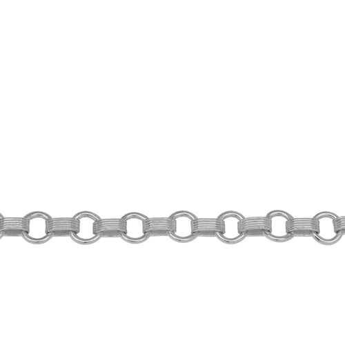 Chain by Foot. Sterling Silver 2.3mm Width by 6.2mm Length Corrugated Oval Rolo Link Connected to 5.8mm Width by 6.2mm Length Closed ring, South West Long and Short Chain. Price per: 1 Foot.