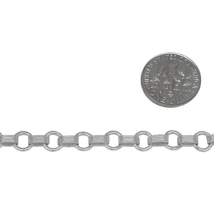 Sterling Silver 2.3mm Width by 6.2mm Length Corrugated Oval Rolo Link Connected to 5.8mm Width by 6.2mm Length Closed ring, South West Long and Short Chain. Price per: 1 Foot.