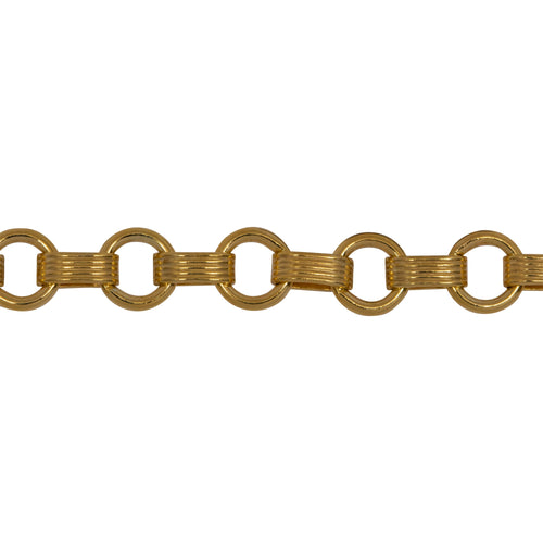 Chain by Foot. 14kt Gold Filled 2.3mm Width by 6.2mm Length Corrugated Oval Rolo Link Connected to 5.8mm Width by 6.2mm Length Closed ring, South West Long and Short Chain. Price per: 1 Foot.