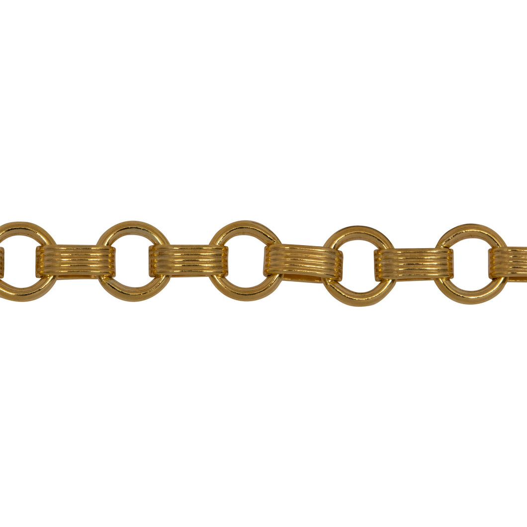Chain by Foot. 14kt Gold Filled 2.3mm Width by 6.2mm Length Corrugated Oval Rolo Link Connected to 5.8mm Width by 6.2mm Length Closed ring, South West Long and Short Chain. Price per: 1 Foot.