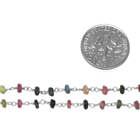 Brass Silver Plated 3.0mm Width / Length Natural Hand Cut Watermelon Tourmaline Gem Stone Chain. Price per: 1 Inch.