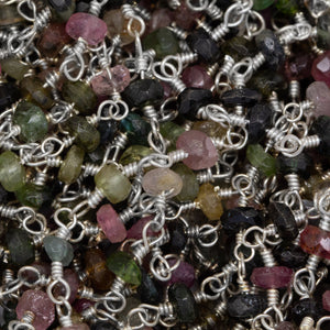 Brass Silver Plated 3.0mm Width / Length Natural Hand Cut Watermelon Tourmaline Gem Stone Chain. Price per: 1 Inch.