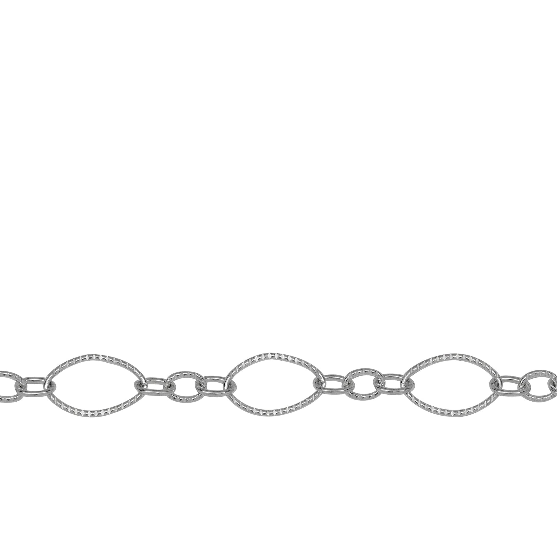 Chain by Foot. Sterling Silver One of 6.8mm Width by 11.0mm Length, Larger Corrugated Oval Link Followed by Three of 3.5mm Width by 4.7mm Length Smaller Links with Middle Smaller Link Being Corrugated, Long and Short Chain. Price per: 1 Foot.