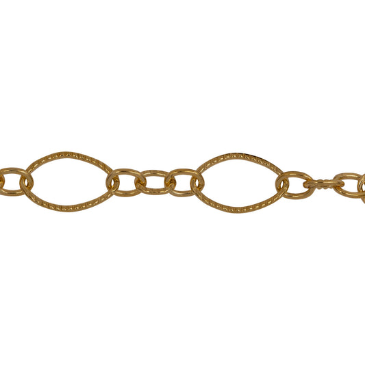 Chain by Foot. 14kt Gold Filled One of 6.8mm Width by 11.0mm Length, Larger Corrugated Oval Link Followed by Three of 3.5mm Width by 4.7mm Length Smaller Links with Middle Smaller Link Being Corrugated, Long and Short Chain. Price per: 1 Foot.