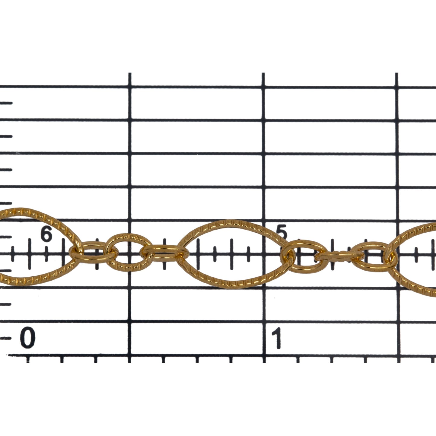 14kt Gold Filled One of 6.8mm Width by 11.0mm Length, Larger Corrugated Oval Link Followed by Three of 3.5mm Width by 4.7mm Length Smaller Links with Middle Smaller Link Being Corrugated, Long and Short Chain. Price per: 1 Foot.