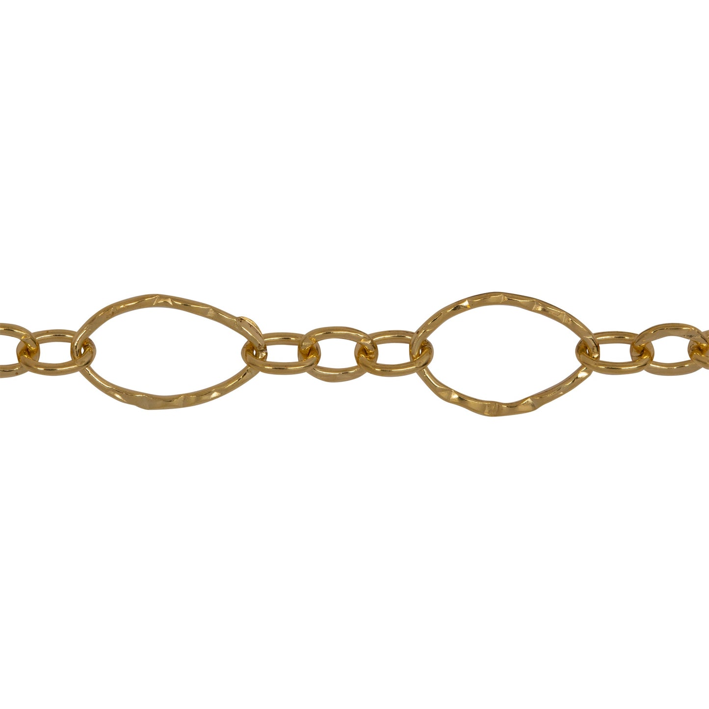 Chain by Foot. 14kt Gold Filled One of 6.8mm Width by 11.0mm Length, Larger Hammered Oval Link Followed by Three of 3.5mm Width by 4.7mm Length Smaller Links with Middle Smaller Link Being Hammered, Long and Short Chain. Price per: 1 Foot.