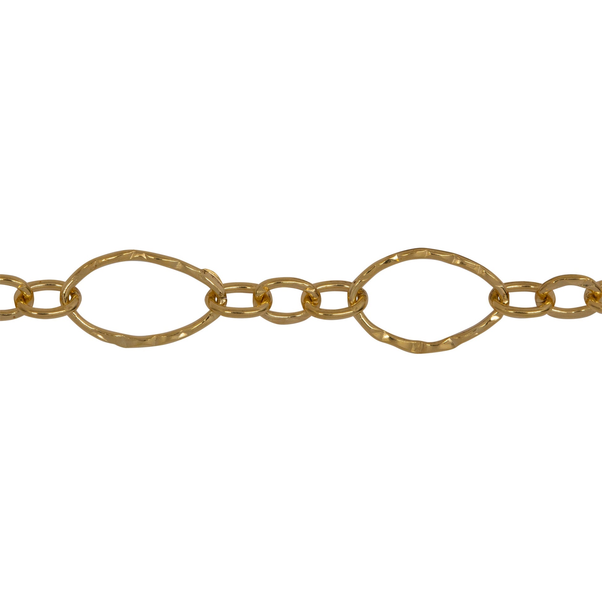 Chain by Foot. 14kt Gold Filled One of 6.8mm Width by 11.0mm Length, Larger Hammered Oval Link Followed by Three of 3.5mm Width by 4.7mm Length Smaller Links with Middle Smaller Link Being Hammered, Long and Short Chain. Price per: 1 Foot.