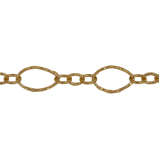 Chain by Foot. 14kt Gold Filled One of 6.8mm Width by 11.0mm Length, Larger Hammered Oval Link Followed by Three of 3.5mm Width by 4.7mm Length Smaller Links with Middle Smaller Link Being Hammered, Long and Short Chain. Price per: 1 Foot.