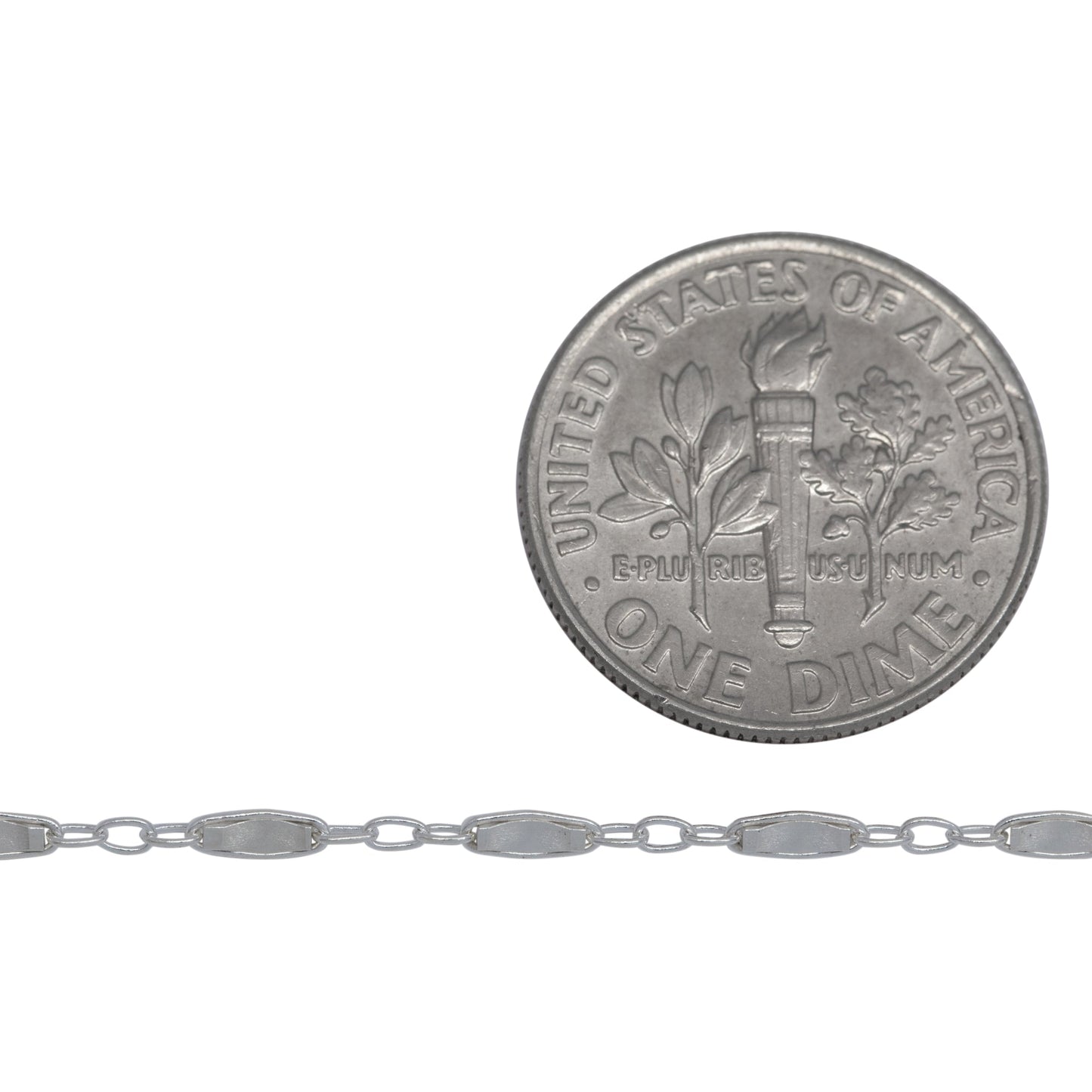 Sterling Silver 1.8mm Width by 5.0mm Length, Dapped Bar Link Connected to 1.3mm Width by 1.5mm Length Three Smaller Oval Links, Long and Short Chain / Bar Chain. Price per: 1 Foot.