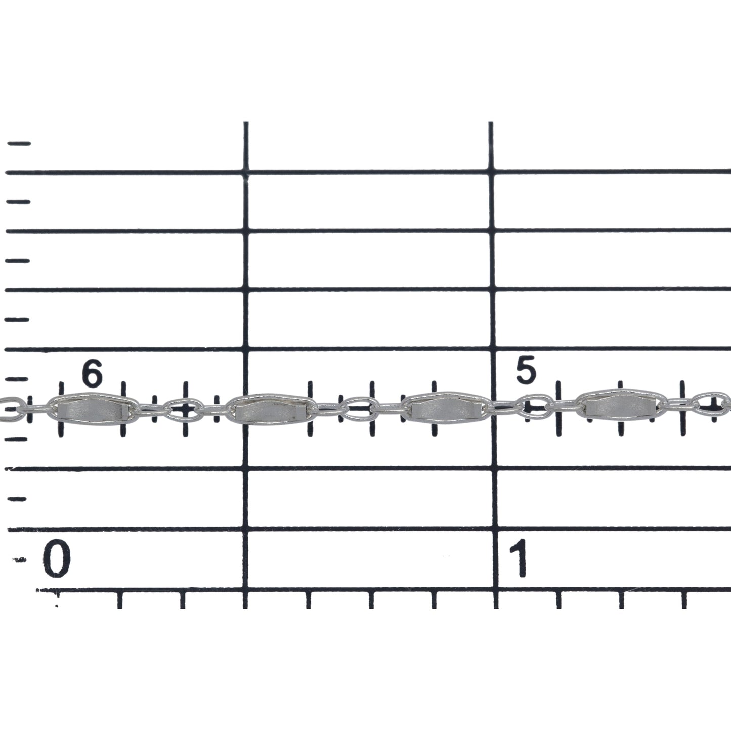 Sterling Silver 1.8mm Width by 5.0mm Length, Dapped Bar Link Connected to 1.3mm Width by 1.5mm Length Three Smaller Oval Links, Long and Short Chain / Bar Chain. Price per: 1 Foot.