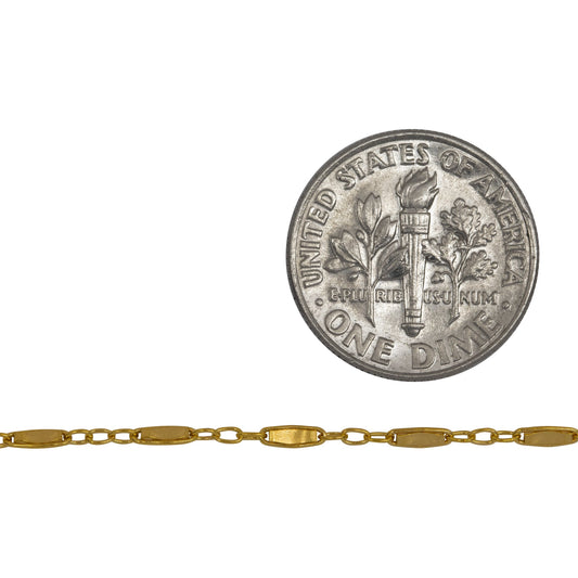 14kt Gold Filled 1.8mm Width by 5.0mm Length, Dapped Bar Link Connected to 1.3mm Width by 1.5mm Length Three Smaller Oval Links, Long and Short Chain / Bar Chain. Price per: 1 Foot.
