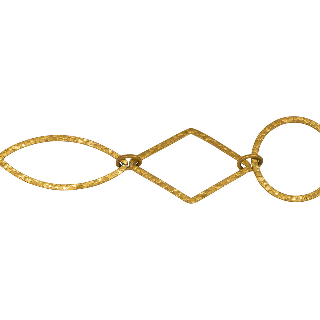 Chain by Foot. 14kt Gold Filled Two of 4.32mm by 6.0mm Smooth Oval Links connected to 20.16mm Width / Length Hammered Circle Link and 17.52mm by 27.62mm Hammered Diamond Link and 12.63mm by 29.61mm Hammered Marquise Link, Fancy Chain. Price per: 1 Foot.