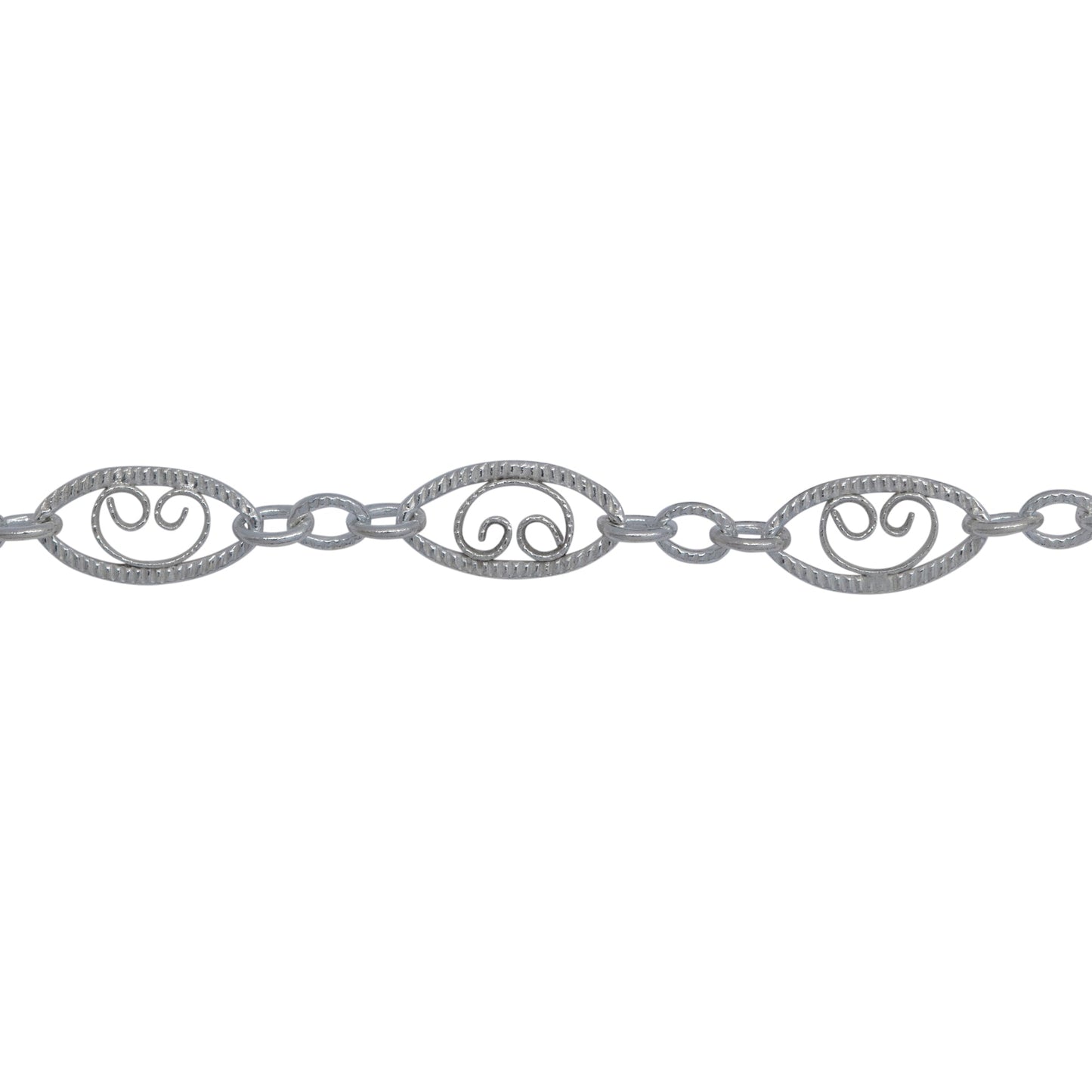 Chain by Foot. Sterling Silver 4.0mm Width by 7.8mm Length, Filigree Long Oval Link and 2.2mm by 2.8mm Three Short Oval Links, Long and Short Chain. Price per: 1 Foot.