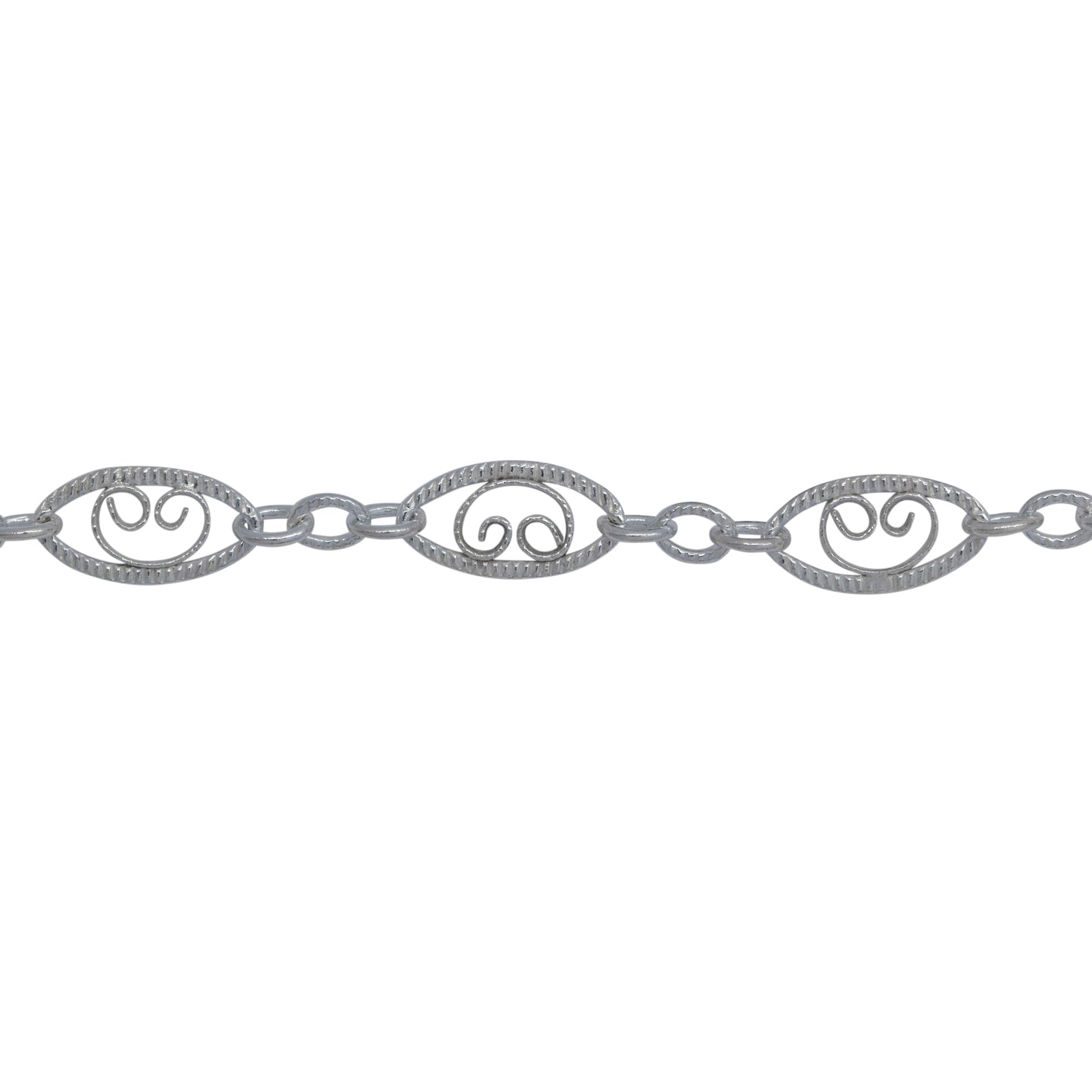 Chain by Foot. Sterling Silver 4.0mm Width by 7.8mm Length, Filigree Long Oval Link and 2.2mm by 2.8mm Three Short Oval Links, Long and Short Chain. Price per: 1 Foot.