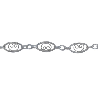 Chain by Foot. Sterling Silver 4.0mm Width by 7.8mm Length, Filigree Long Oval Link and 2.2mm by 2.8mm Three Short Oval Links, Long and Short Chain. Price per: 1 Foot.