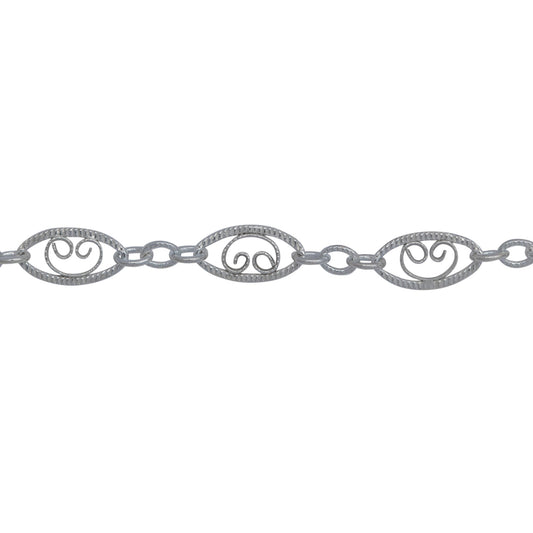 Chain by Foot. Sterling Silver 4.0mm Width by 7.8mm Length, Filigree Long Oval Link and 2.2mm by 2.8mm Three Short Oval Links, Long and Short Chain. Price per: 1 Foot.