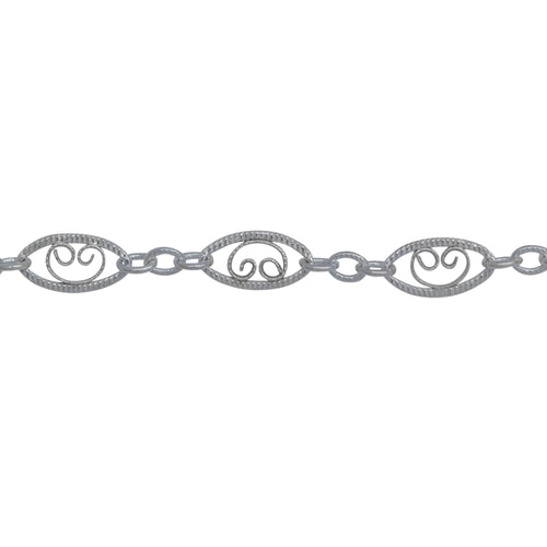 Chain by Foot. Sterling Silver 4.0mm Width by 7.8mm Length, Filigree Long Oval Link and 2.2mm by 2.8mm Three Short Oval Links, Long and Short Chain. Price per: 1 Foot.