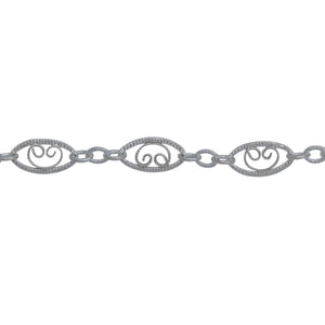 Chain by Foot. Sterling Silver 4.0mm Width by 7.8mm Length, Filigree Long Oval Link and 2.2mm by 2.8mm Three Short Oval Links, Long and Short Chain. Price per: 1 Foot.