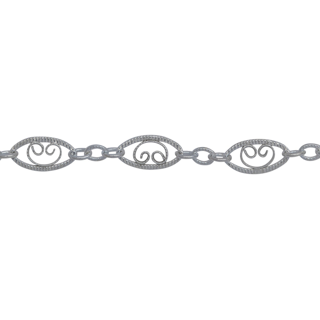 Chain by Foot. Sterling Silver 4.0mm Width by 7.8mm Length, Filigree Long Oval Link and 2.2mm by 2.8mm Three Short Oval Links, Long and Short Chain. Price per: 1 Foot.