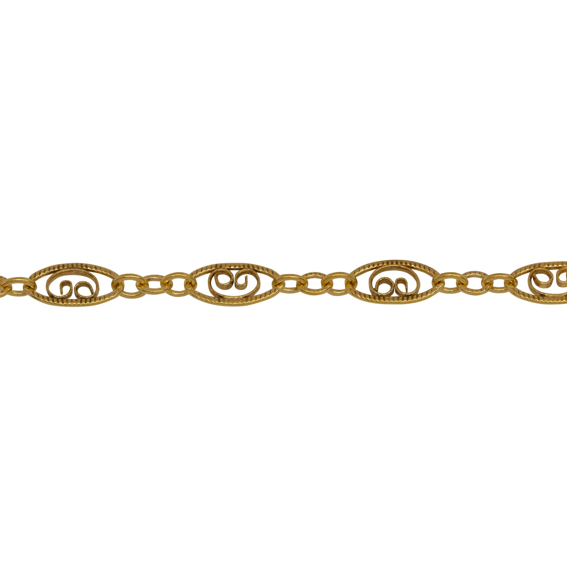 Chain by Foot. 14kt Gold Filled 4.0mm Width by 7.8mm Length, Filigree Long Oval Link and 2.2mm by 2.8mm Three Short Oval Links, Long and Short Chain. Price per: 1 Foot.
