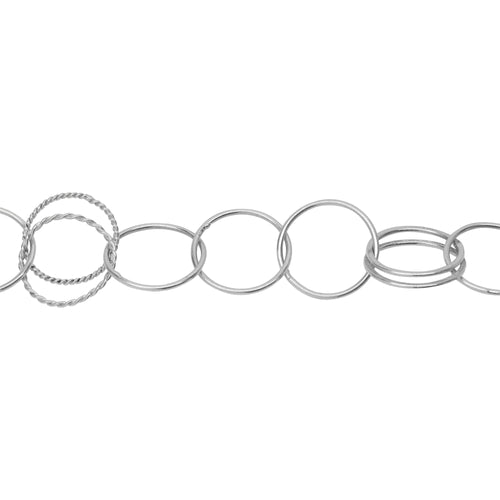 Chain by Foot. Sterling Silver Three of 16.0mm Width / Length Smooth Circle Links Connected Alternately to 16.0mm Width / Length Double Flat Links And 16.0mm Width / Length Double Twisted Links, Circle Chain. Price per: 1 Foot.