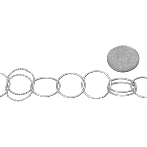 Sterling Silver Three of 16.0mm Width / Length Smooth Circle Links Connected Alternately to 16.0mm Width / Length Double Flat Links And 16.0mm Width / Length Double Twisted Links, Circle Chain. Price per: 1 Foot.